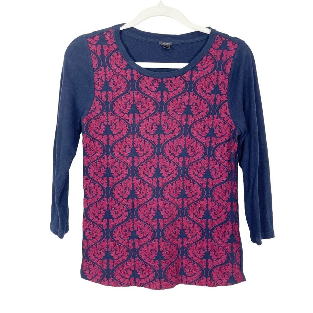 J. Crew Woman's Sz S Red‎ and Blue Lace Front 3/4 Sleeve Scoop Neck T Shirt
